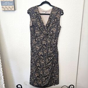 Black and Cream Ruched Wrap Midi Dress